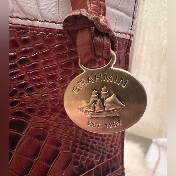 Brahmin White, Brown, and Black Crocodile-Embossed Satchel - Picture 4 of 12